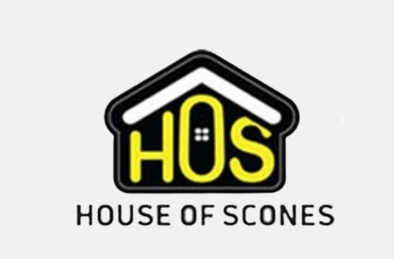 Original House of Scones logo with yellow HOS in a black house silhouette